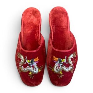 Vintage 80s Chinese Red Velvet Beaded Dragon Slippers | Embroidered Mules